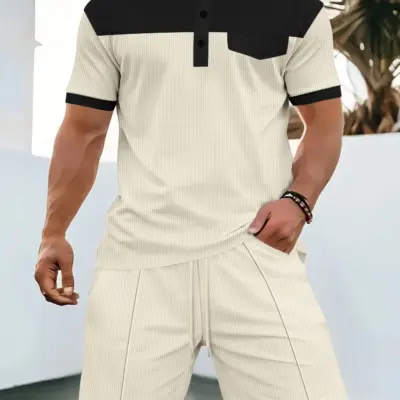 Muška polo majica i šorts set sa džepom i teksturiranim detaljima