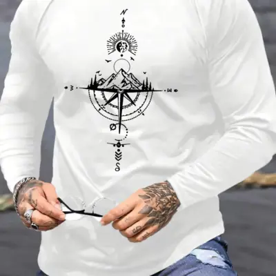"Muška dugačka pamučna majica sa štampanim motivom planina i kompasa"