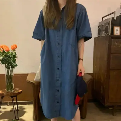 Retro Denim Lapel Shirt Dress