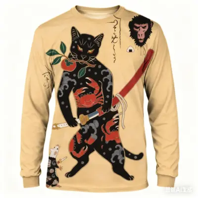 "Samurai Cat Print Casual T-Shirt"