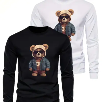 Muška dugačka pamučna majica sa okruglim izrezom i šarama medveda za jesen i zimu.