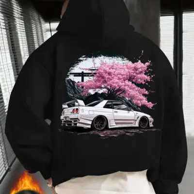 Crni muški duks sa belim JDM autom i ružičastim cvetom trešnje na leđima