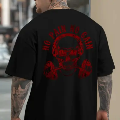 "Muscle Fit T-shirt with Skeleton and Dumbbell Design"