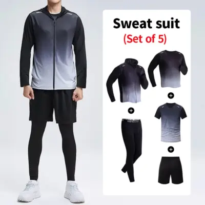 Muški komplet za sport od 5 dela s brzim sušenjem, elastičnim pantalonama za trčanje, kapom, gradijentnim kaputom i casual majicom.