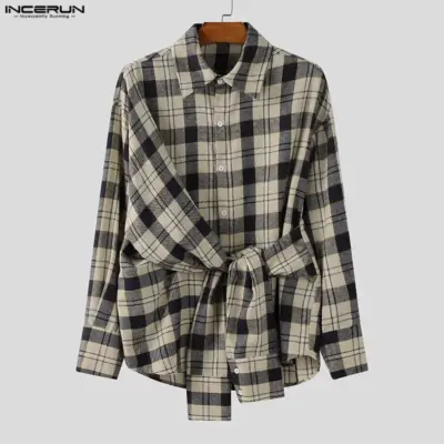"Plaid Lapel Lace-Up Shirts"