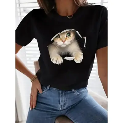 Cats Print Casual T-Shirt - Women's Top