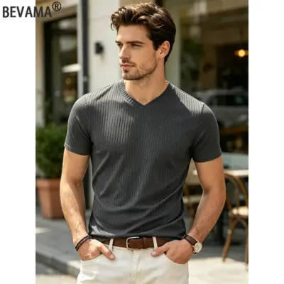 Slim-Fit Ribbed V-Neck T-Shirt Men's Top