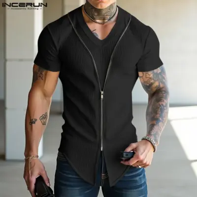 Streetwear V Neck Solid Color Tee