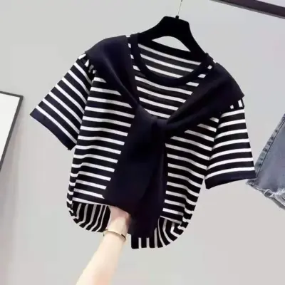 Novi letnji ženski T-shirt - Dvostruki prugasti kratki rukav - Korejska modna majica za poleras Mujer