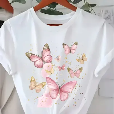 Leptir Print Majica Kratkih Rukava - Okrugli Izrez Letnja Bluza -ic Top Pogodan za Proleće/Leto