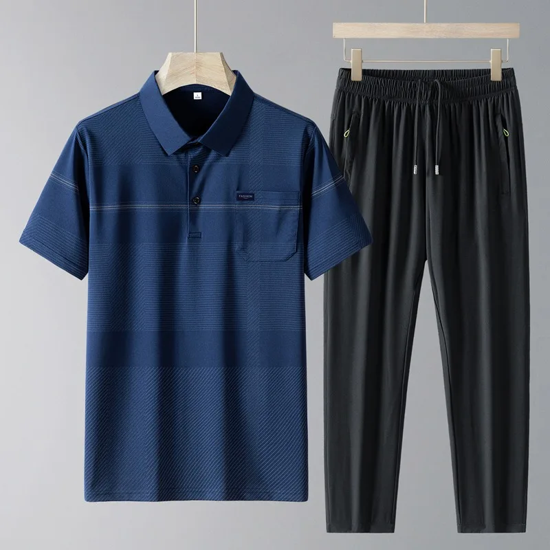 Muška polo majica od svile sa kratkim rukavima i duge pantalone, komplet za sredovečne muškarce i sportski opuštena odeća. Ice Silk Polo Set za muškarce. - Slika 3