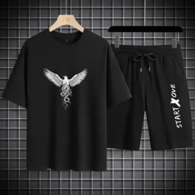 Mens Casual White Eagle T-shirt Set