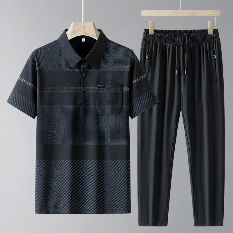 Muška polo majica od svile sa kratkim rukavima i duge pantalone, komplet za sredovečne muškarce i sportski opuštena odeća. Ice Silk Polo Set za muškarce. - Slika 5