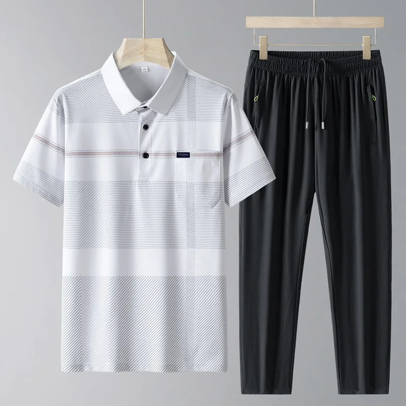 Muška polo majica od svile sa kratkim rukavima i duge pantalone, komplet za sredovečne muškarce i sportski opuštena odeća. Ice Silk Polo Set za muškarce. - Slika 6