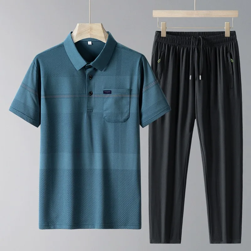 Muška polo majica od svile sa kratkim rukavima i duge pantalone, komplet za sredovečne muškarce i sportski opuštena odeća. Ice Silk Polo Set za muškarce.