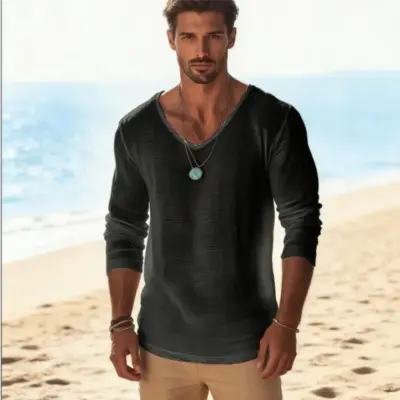 V-Neck Linen Blend Long Sleeve T-Shirt
