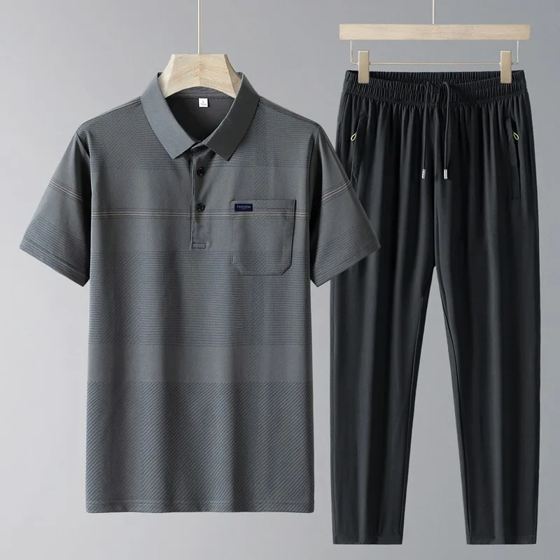 Muška polo majica od svile sa kratkim rukavima i duge pantalone, komplet za sredovečne muškarce i sportski opuštena odeća. Ice Silk Polo Set za muškarce. - Slika 4